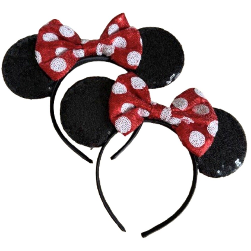 Lot of 2 Disney Minnie Mouse Sequin Ears Headband Red Bow Polka Dot Costume Park